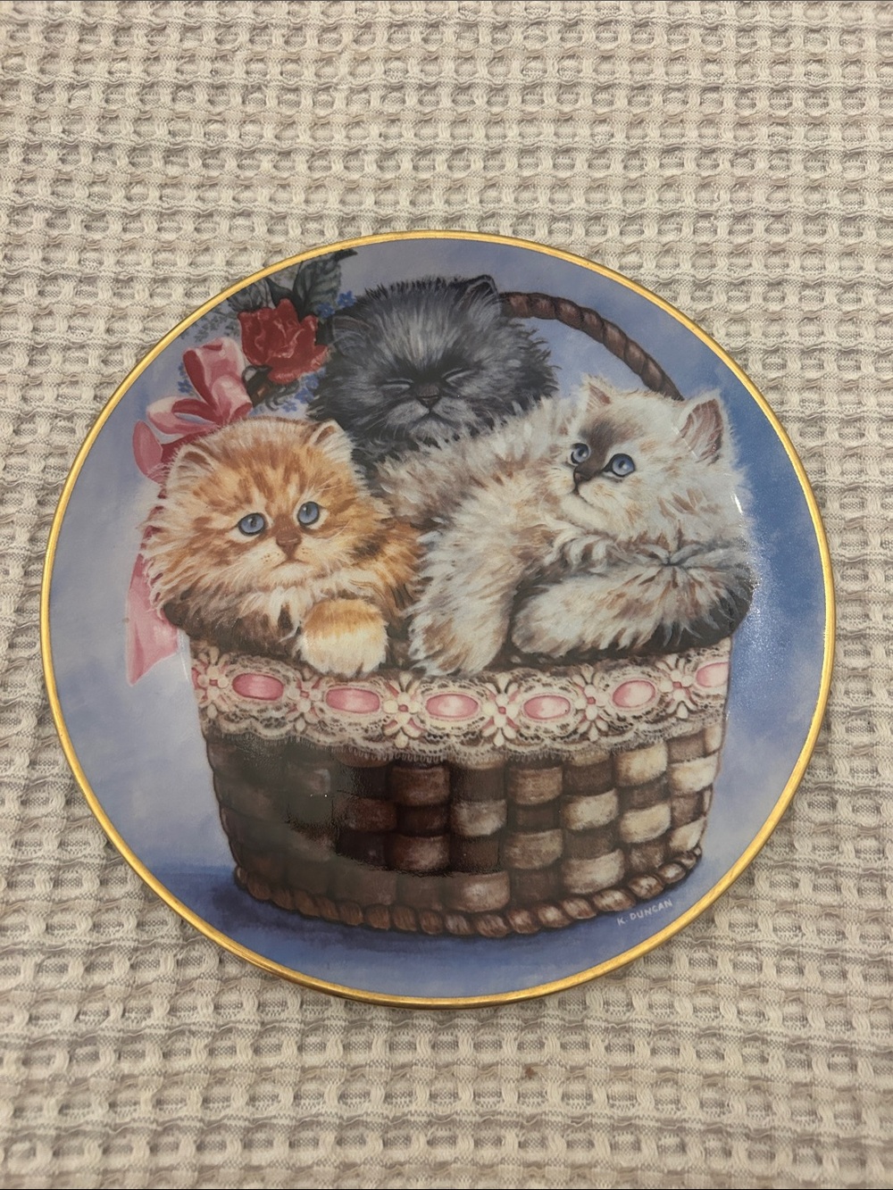 Franklin Mint Kittens in Basket Plate - Blue, Cream, Brown